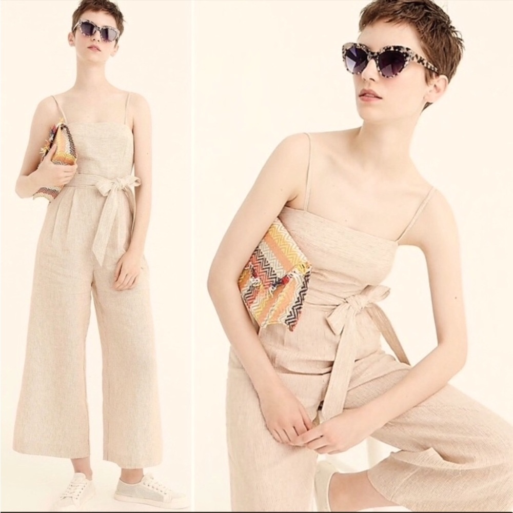 J. Crew Spaghetti-strap jumpsuit in striped beauchamps linen size 0